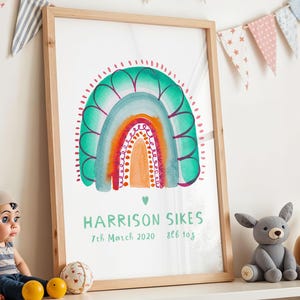Impresión personalizada con detalles de nacimiento de bebé, impresión de arcoíris para guardería, decoración infantil, arte de pared con nombre de bebé, letrero con nombre de bebé, impresión con nombre de bebé, póster de nacimiento