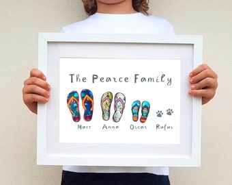 Personalised Family Flip Flop Giclee Print, family name print, pet print, personalized wall art, new home gift, fun print