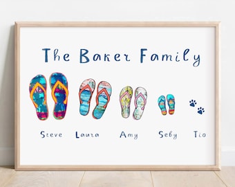 Customised Family Name Print, family art, home decor, flipflops, new home gift, giclee name print, personalised art
