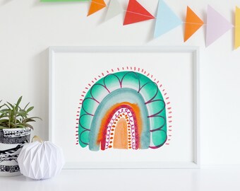 Green Rainbow Print / Home Decor / Nursery Wall Art / Art Print / Kids Prints / Colourful Nursery Print / Watercolour Painting