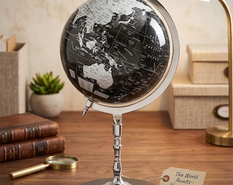 Duży globus w stylu vintage – czarno-srebrna mapa, marmurowa podstawa, metalowy stojak
