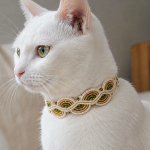 Puede incluir: Un gato blanco con un collar de cuentas. El collar presenta un patrón repetitivo de cuentas crema, amarillas y verdes, con pequeñas cuentas de color bronce intercaladas. El gato tiene ojos verdes y mira hacia un lado.