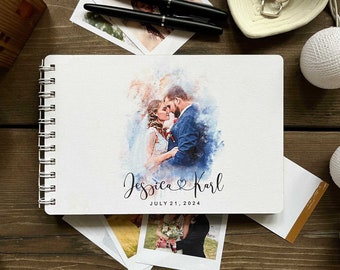 Classic guest book with watercolor portrait, personalized wedding album, wood wedding guest sign in, watercolor painting portrait print