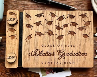Personalized Graduation Guest Book Red Oak Wood Graduation Cap Design Album