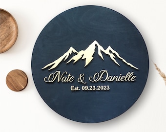 Personalized round sign with mountains, last name sign, wedding guest book alternative, engagement or anniversary gift, our adventure sign