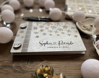 Personalized Wood Wedding Guest Book: Engraved Winter Snowflake Album