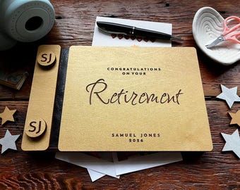 Golden Personalized Retirement Guest Book: Engraved Wood Album, Custom Keepsake Coworker Retirement Gift