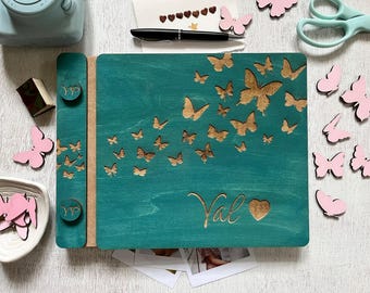 Personalized Wood Journal: Butterfly Engraved Travel Diary, Custom Guestbook