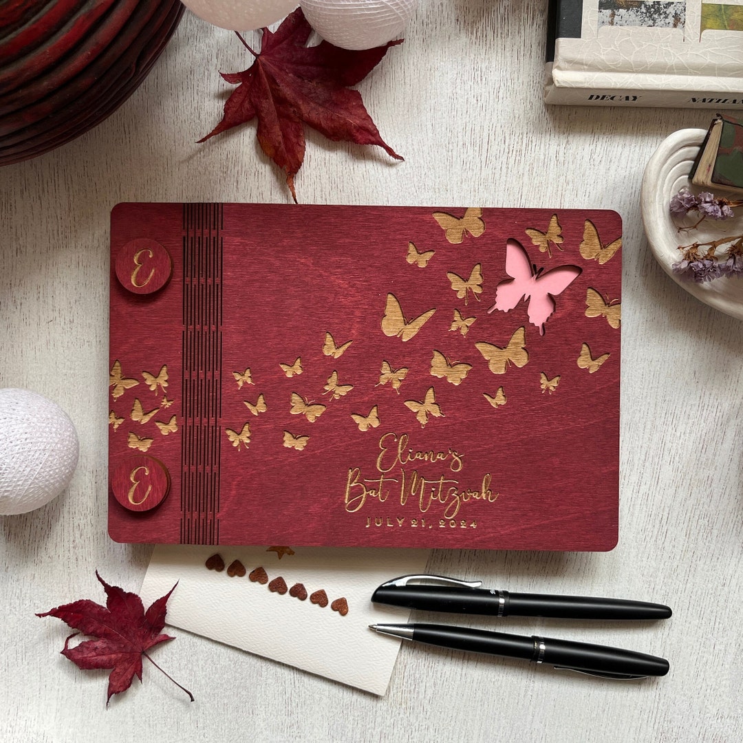 Bat Mitzvah Guest Book, Wood Personalized Album, Elegant Notebook for Sweet 16, Quinceanera