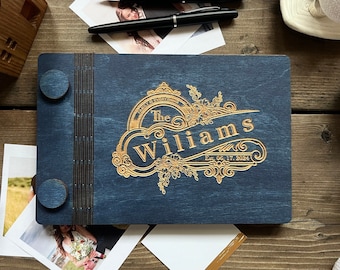 Newlyweds adventure book, guestbook album, personalized with last name, family name sign in custom stained coloured wood