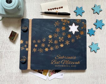 Winter Snowflake Wood Guest Book: Personalized Bat Mitzvah, Sweet 16, Quinceanera notebook