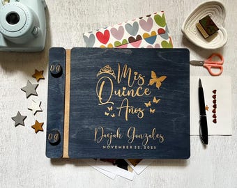 Personalized Quinceañera Guest Book Album, Wooden Engraved Notebook for Quinceanearas