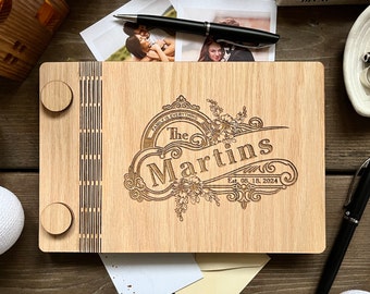 Wedding guest book, personalized wood wedding album with last name, family name sign or newlyweds adventure book