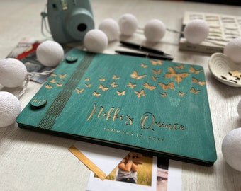 Quinceañera guest book, wood personalized album, elegant notebook for Quince, Sweet 16,Bat, Bar Mitzvah, Graduation guestbook photobook