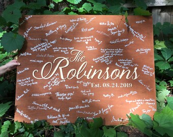 Wood wedding guestbook alternative with personalized name and customizable colors, wedding sign in or home keepsake, family name sign