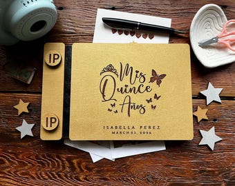 Personalized Quinceañera Guest Book Album, Wooden Engraved Notebook for Quince with Golden Covers