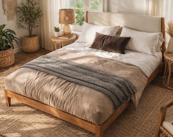 Solid Wood Queen Bed Frame with Upholstered Headboard and Slat Support – Easy Assembly