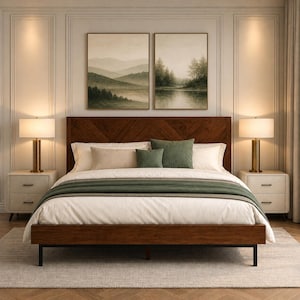 Solid Wood Platform Bed Frame with High Headboard, Scandi Style