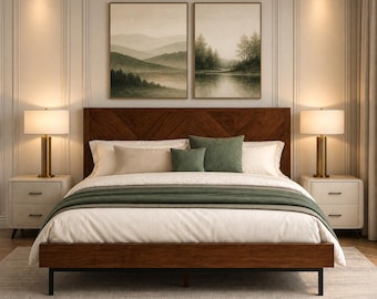Solid Wood Platform Bed Frame with High Headboard, Scandi Style