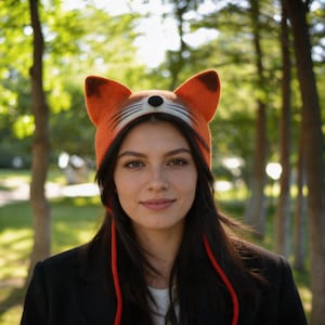 May include: A felted orange fox hat featuring pointed ears with dark brown tips, a white muzzle area, a small black nose, and thin black whiskers. The hat includes two long orange ties hanging down from the sides, framing the face.