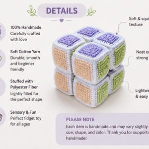 May include: A handmade, soft fidget toy composed of crocheted cubes in pastel colors: lavender, peach, and green. The toy is made with soft cotton yarn and polyester fiber, designed for sensory play and easy handling. The text on the image says "Sensory & Fun Perfect fidget toy for all ages."