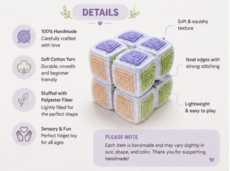 May include: A handmade, soft fidget toy composed of crocheted cubes in pastel colors: lavender, peach, and green. The toy is made with soft cotton yarn and polyester fiber, designed for sensory play and easy handling. The text on the image says "Sensory & Fun Perfect fidget toy for all ages."