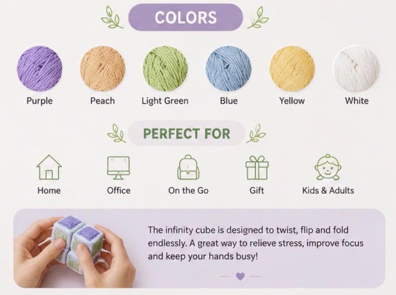 May include: Image shows a variety of colorful yarn balls in purple, peach, light green, blue, yellow, and white. The text indicates the product is perfect for home, office, on the go, gift, and kids & adults. An infinity cube is shown.