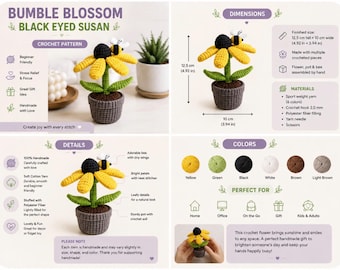 Bumble Blossom Amigurumi PDF | Black Eyed Susan with Bumblebee | Potted Flower Crochet Pattern