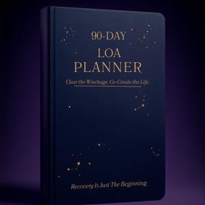 Könnte beinhalten: Ein marineblauer 90-Tage-LOA-Planer mit goldfarbenen Buchstaben und sternbildartigen Akzenten. Auf dem Cover steht "Clear the Wreckage. Co-Create the Life." und "Recovery Is Just The Beginning."