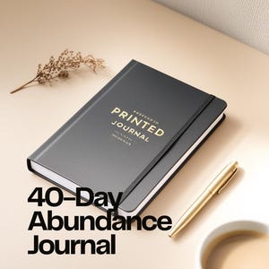 Könnte beinhalten: Ein schwarzes Notizbuch mit dem goldenen Schriftzug "PRINTED JOURNAL". Das Notizbuch ist mit einem Gummiband verschlossen. Ein goldener Stift und eine Tasse Kaffee liegen neben dem Notizbuch. Der Text "40-Day Abundance Journal" steht unten.