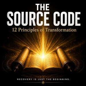 Puede incluir: Imagen de un libro con el título "THE SOURCE CODE" y el subtítulo "12 Principles of Transformation". El libro abierto tiene luz que emana del centro. El texto "RECOVERY IS JUST THE BEGINNING" está en la parte inferior. El fondo es negro.