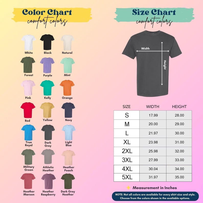 May include: A color chart and size chart for t-shirts. The color chart displays various shirt colors, including white, black, and red. The size chart shows measurements in inches for width and height, ranging from size S to 5XL.