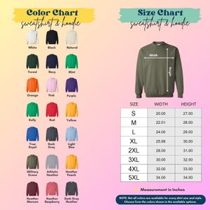 May include: Color and size charts for sweatshirts and hoodies. The color chart displays various colors, including white, black, and navy. The size chart shows measurements in inches, with sizes ranging from S to 5XL. The text reads "sweatshirt & hoodie."