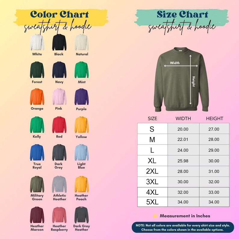May include: Color and size charts for sweatshirts and hoodies. The color chart displays various colors, including white, black, and navy. The size chart shows measurements in inches, with sizes ranging from S to 5XL. The text reads "sweatshirt & hoodie."