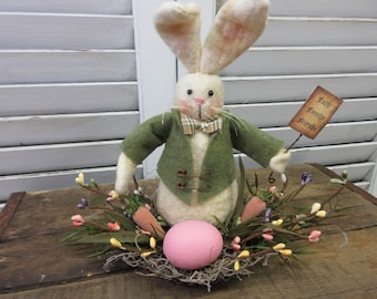 Primitive Rabbit Bunny Easter Spring Decoration - Green Coat