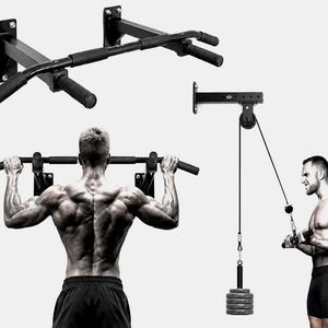 May include: Black wall-mounted pull-up bar with padded grips. The image shows the bar installed and in use, along with a separate wall-mounted pulley system with weights. The equipment is designed for home fitness and strength training.