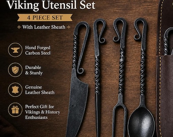 Hand Forged Viking Utensil Set | 4 Piece Carbon Steel Cutlery with Leather Roll
