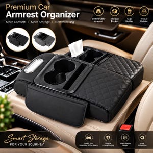 May include: A black car armrest organiser with a quilted pattern, featuring a built-in cup holder, a tissue holder, and a storage pocket. The product includes text labels such as Premium Car Armrest Organiser, Smart Storage, and icons for features.