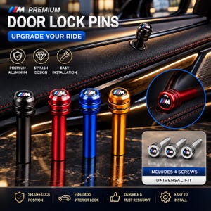 May include: A set of four cylindrical car door lock pins in black, red, blue, and gold finishes, each featuring the M logo on the top. The pins are made of aluminum and include four screws for installation, designed for a universal fit in vehicles.