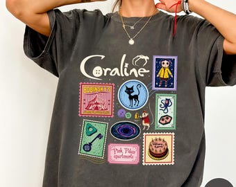 Coraline Shirt, Coraline Movie Graphic Tee, Dark Fantasy Book Lover Shirt, Coraline Stamps Artwork, Coraline Fan Gift for Teens & Adults