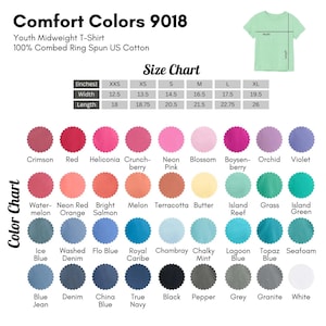 The image is a color chart for a youth midweight t-shirt, displaying a variety of colors and their corresponding measurements.