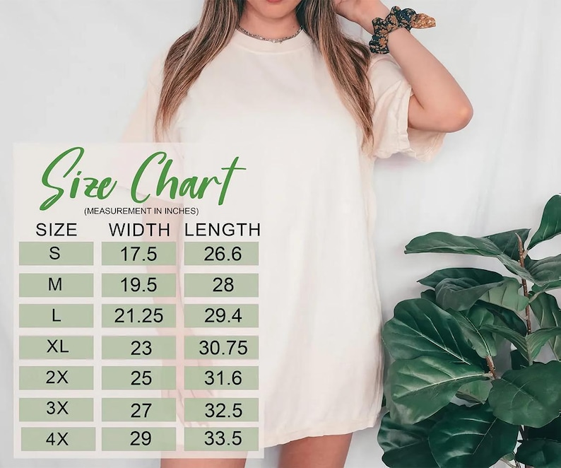 a woman wearing a white dress, standing next to a potted plant. There is a size chart displayed in front of her, providing measurements for different dress sizes.