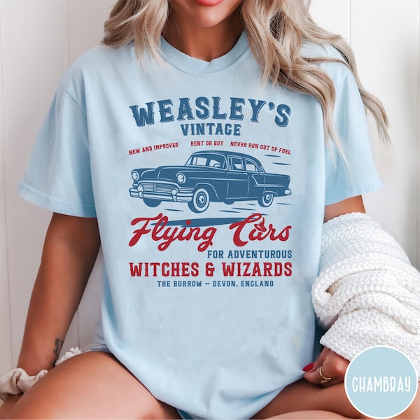 Weasley’s Vintage Flying Car Shirt, Harry Potter T-Shirt, Wizard Tee, Hogwarts Fan Gift, Magic Car Tee, Witches & Wizards Apparel