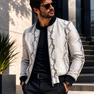 Men's Python Embossed Leather Bomber Jacket, Zipped Collared Coat