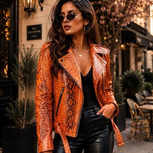 May include: An orange and black snakeskin-patterned biker jacket with a notched collar, silver-tone metal zips, and a buckled belt at the waist. The jacket is worn over a black top and black trousers, paired with dark oval-shaped sunglasses.