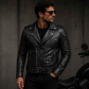 Men's Black Python Leather Biker Jacket – Exotic Snakeskin Motorcycle Coat