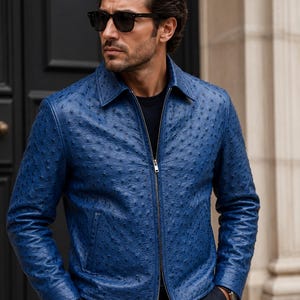 Men's Blue Ostrich Leather Biker Jacket – Exotic Textured Genuine Zip-Up Outerwear
