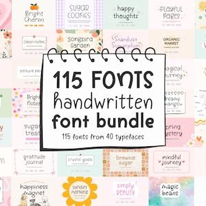 May include: A collection of 115 handwritten fonts from 40 typefaces, displayed on a grid of colorful backgrounds. The central image features a notepad with the text "115 FONTS handwritten font bundle". Various font styles are showcased.