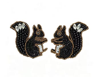 Crystal Beaded Squirrel Patch | Woodland Animal Embroidery Sew On for Jackets, Backpacks