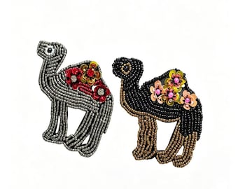 Hand-Embroidered Camel Beaded Patch, Crystal Desert Animal Motif Sew On